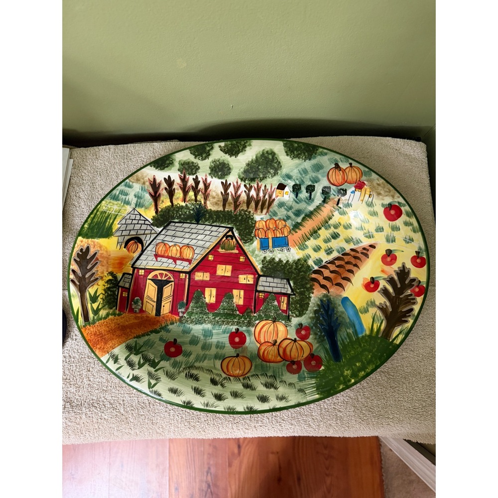 WCL Hand Painted Autumn Harvest Red Barn Pumpkin Large Serving Platter 17.5"